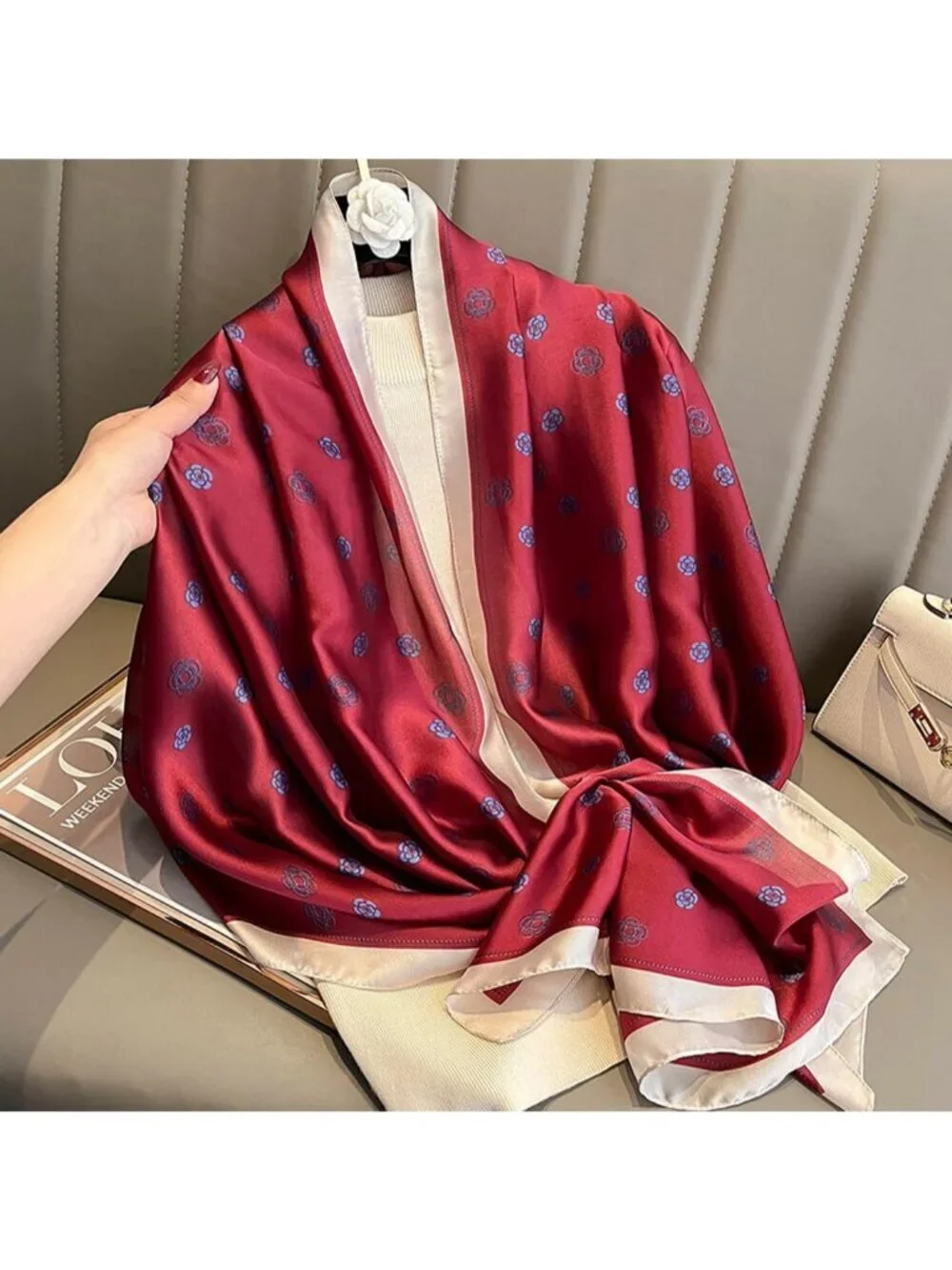Women's Silk Red Lightweight Silk Scarves Flower Print Head Cotton Wrap Scarf